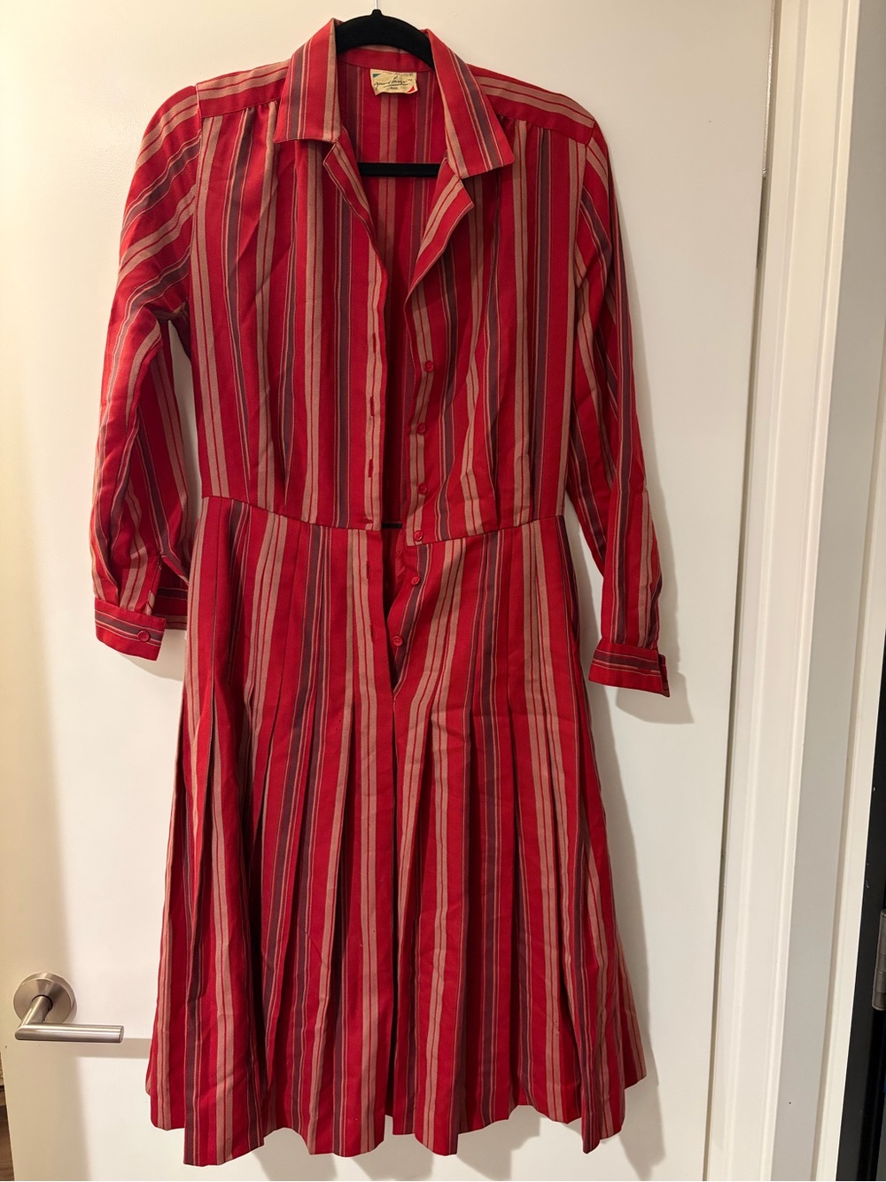 Vintage 80s French Gerard Pasquier Red Striped Button-Front Shirt Dress